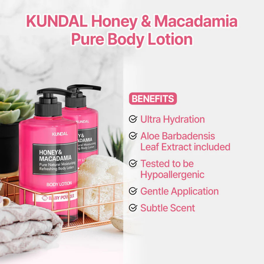 KUNDAL Honey & Macadamia Pure Natural Moisturizing Refreshing Body Lotion Baby Powder 500ml