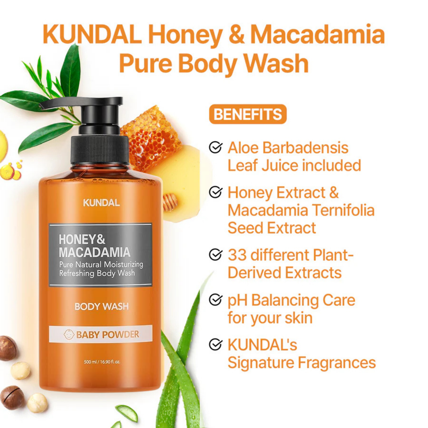 KUNDAL Honey & Macadamia Pure Natural Moisturizing Refreshing Body Wash Baby Powder 500ml